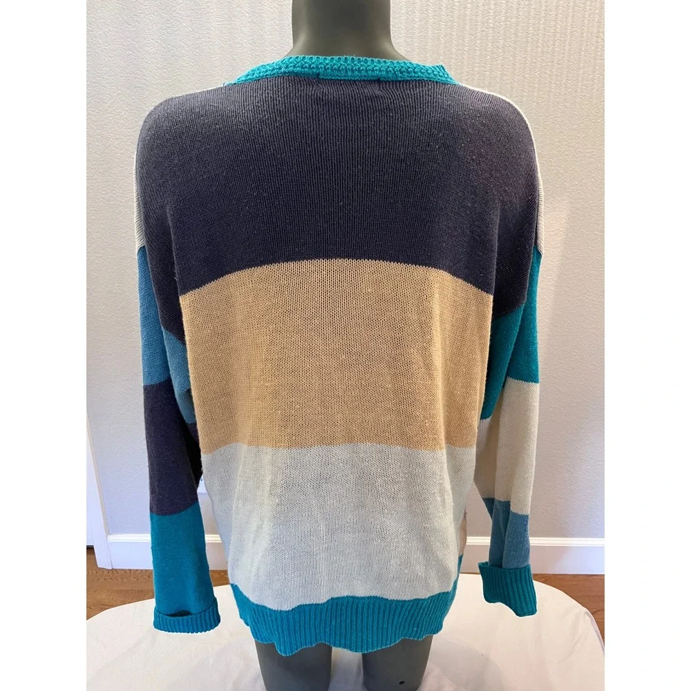 Vintage Color Block Ramie Cotton Grandpa Sweater Oversized XL Coastal 90s Knit